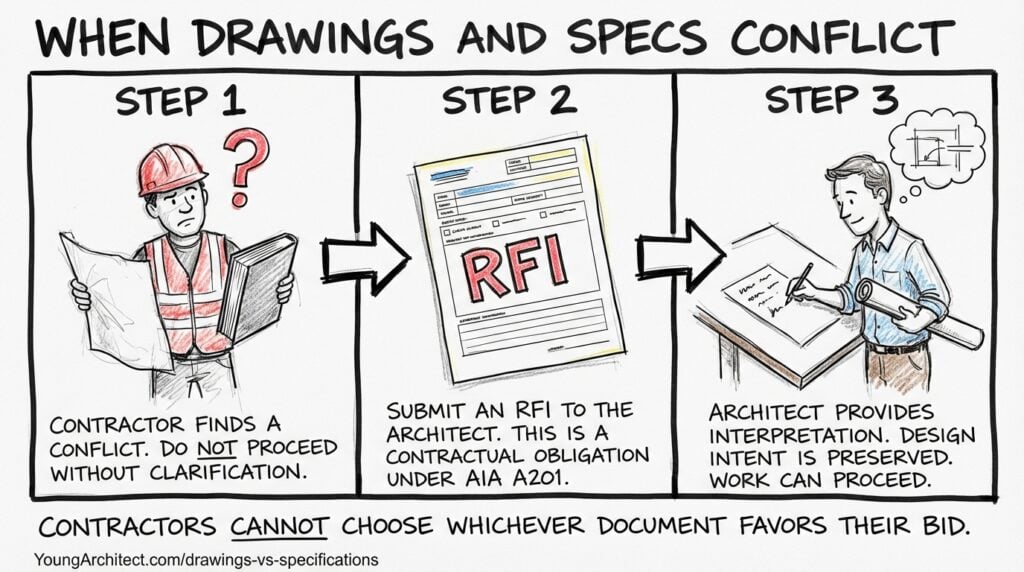 Hand-drawn three-step sequence showing how to resolve conflicts between construction drawings and specifications under AIA A201 contract documents, from RFI submission through architect interpretation.
