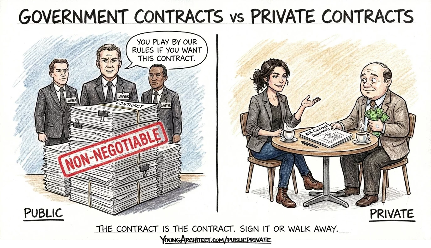Government lawyers guard a non-negotiable public contract while an architect and owner negotiate privately