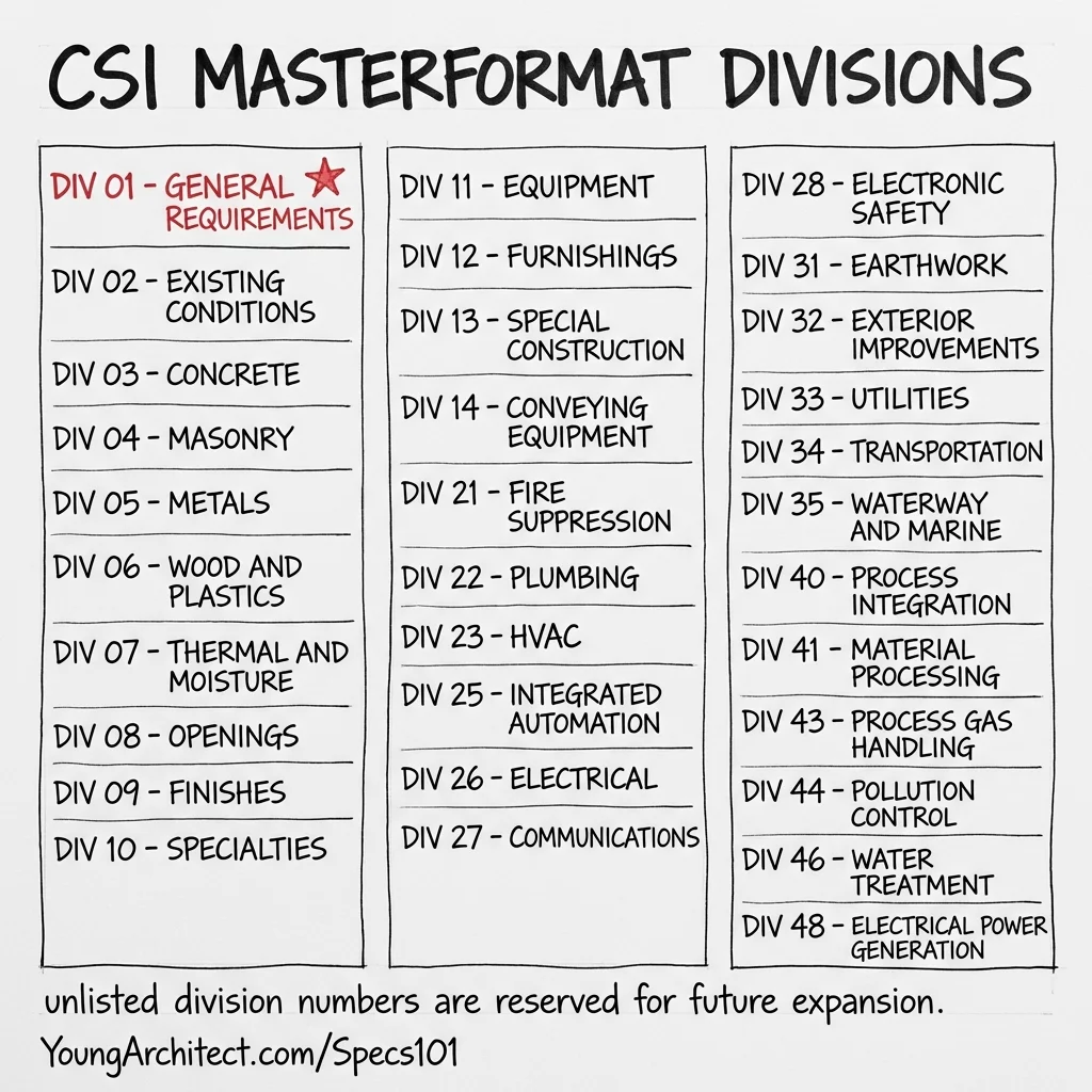 Hand-drawn reference list of CSI MasterFormat divisions used to organize construction specifications from Division 01 through Division 48. 
