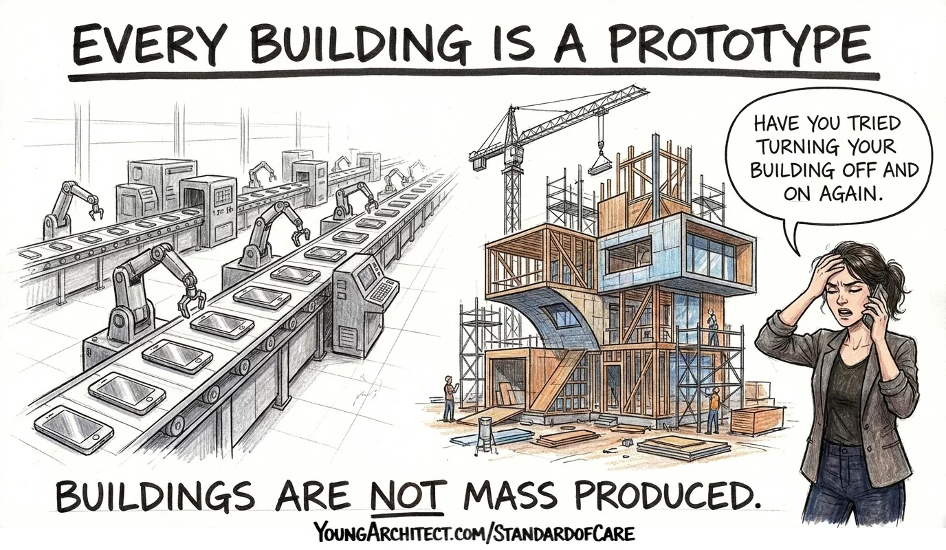 Smartphone assembly line compared to a one-of-a-kind building under construction, showing architecture is a service not a product