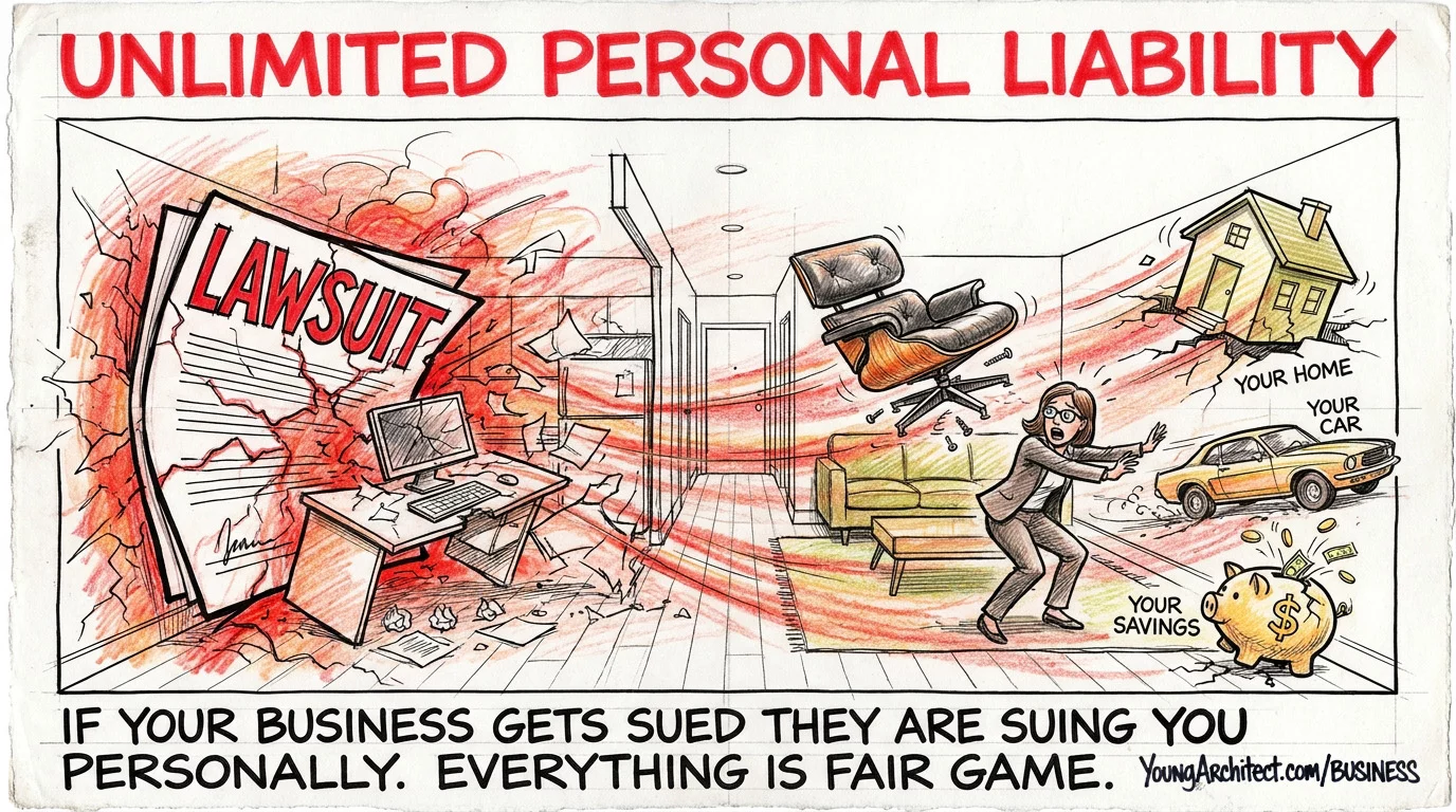 Lawsuit crashes through a sole proprietorship sweeping away personal assets including home, car, savings, and Eames chair