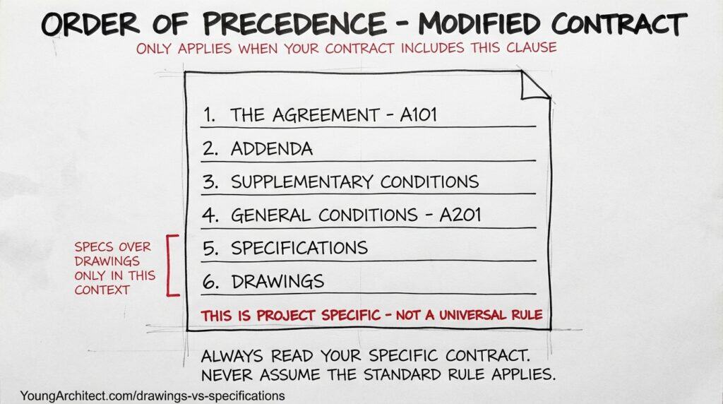 Hand-drawn order of precedence list for a modified AIA contract showing where construction specifications and drawings fall in the contract document hierarchy, with a note that this is project specific not a universal rule.