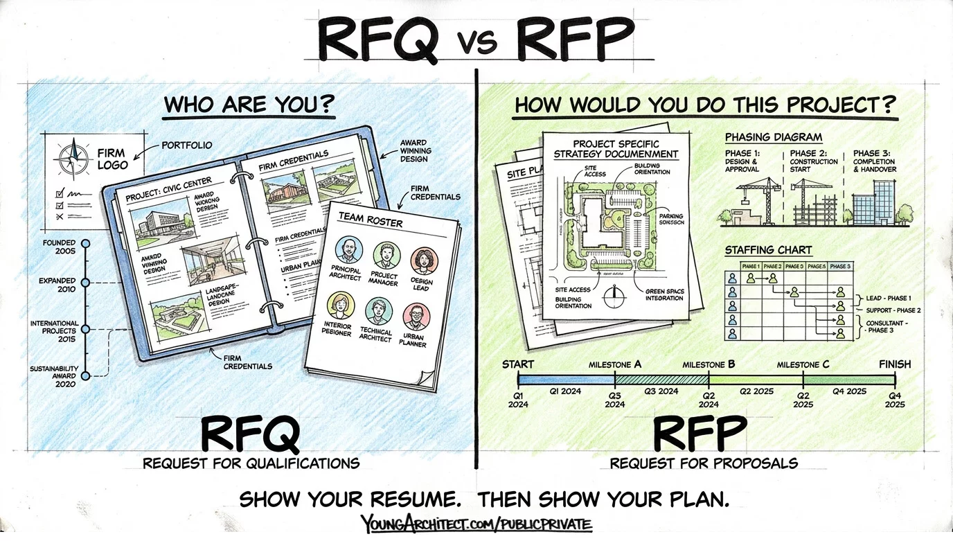 RFQ vs RFP comparison showing firm credentials and portfolio on one side and project strategy on the other