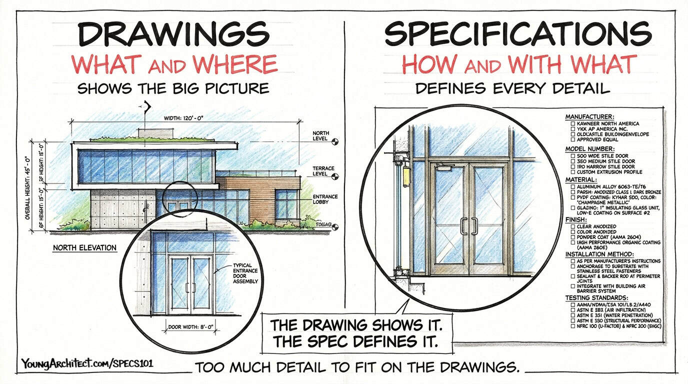 Drawings show what and where with an elevation view while construction specifications define how and with what