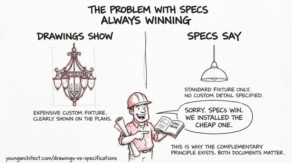 Hand-drawn scenario showing why construction specifications cannot automatically override drawings under AIA A201, using a lighting fixture example of a contractor exploiting a discrepancy between contract documents.