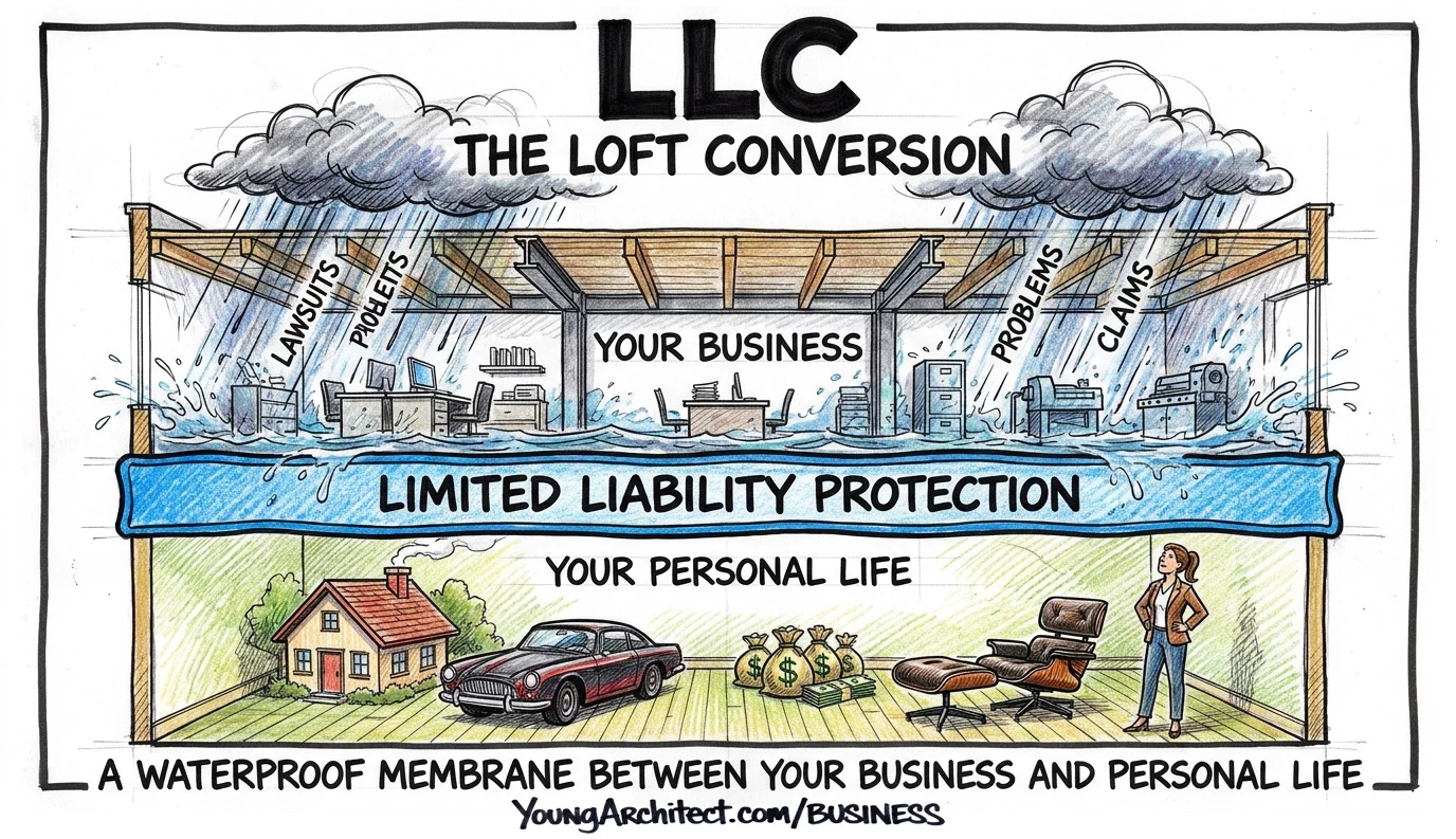 LLC shown as a loft with a waterproof membrane separating business problems above from protected personal assets below