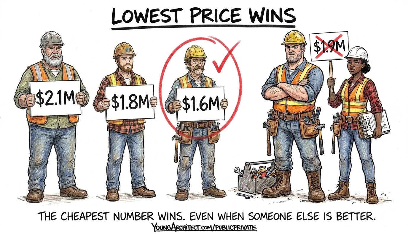 Five contractors hold bid signs and the lowest price wins even when a more qualified bidder is crossed out