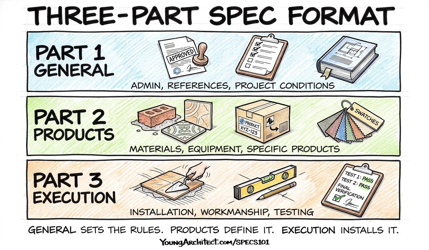 Three-part spec format showing General for admin, Products for materials, and Execution for installation