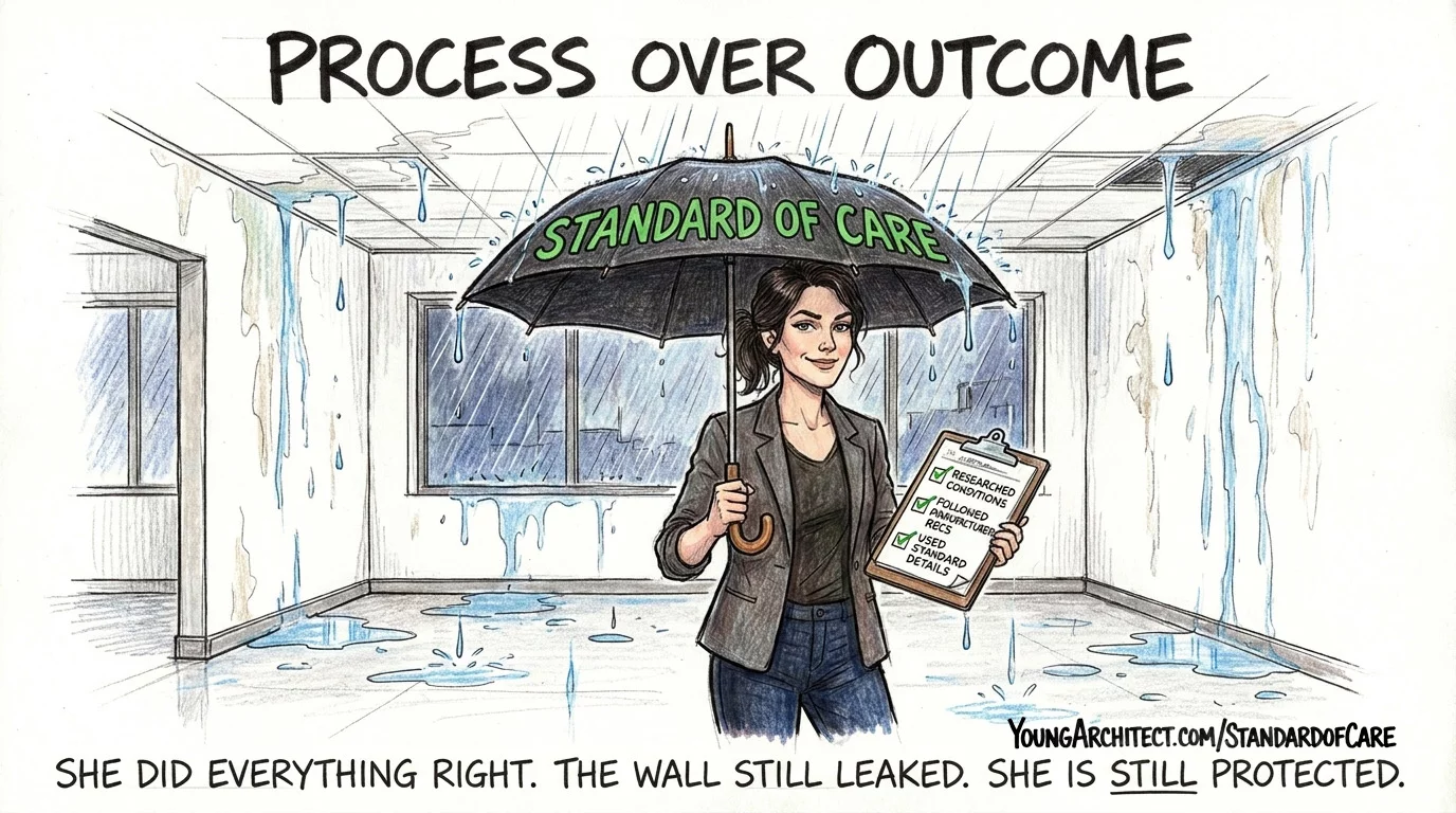 Architect holds a standard of care umbrella in a leaking building while showing a checklist of proper research and details