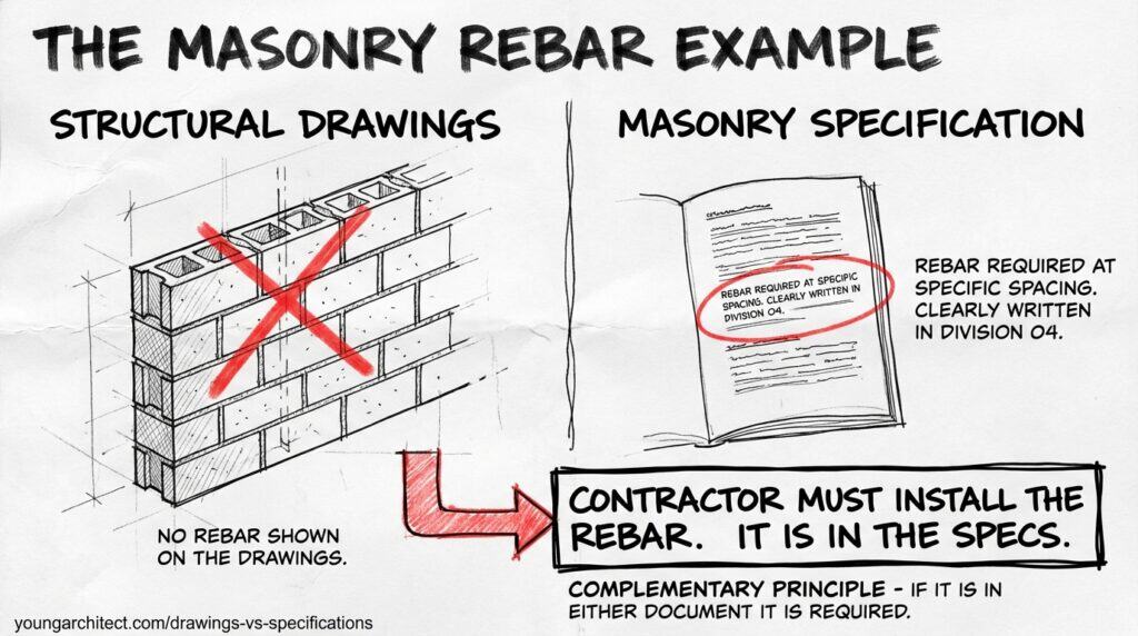 Hand-drawn sketch of the masonry rebar example showing how the complementary principle in AIA A201 requires a contractor to install rebar specified in the construction specifications even when it is not shown on the structural drawings.