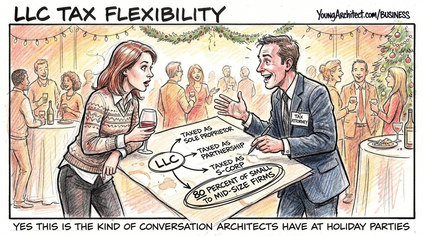 Tax attorney explains LLC tax flexibility on a napkin at a holiday party showing three taxation options for architects