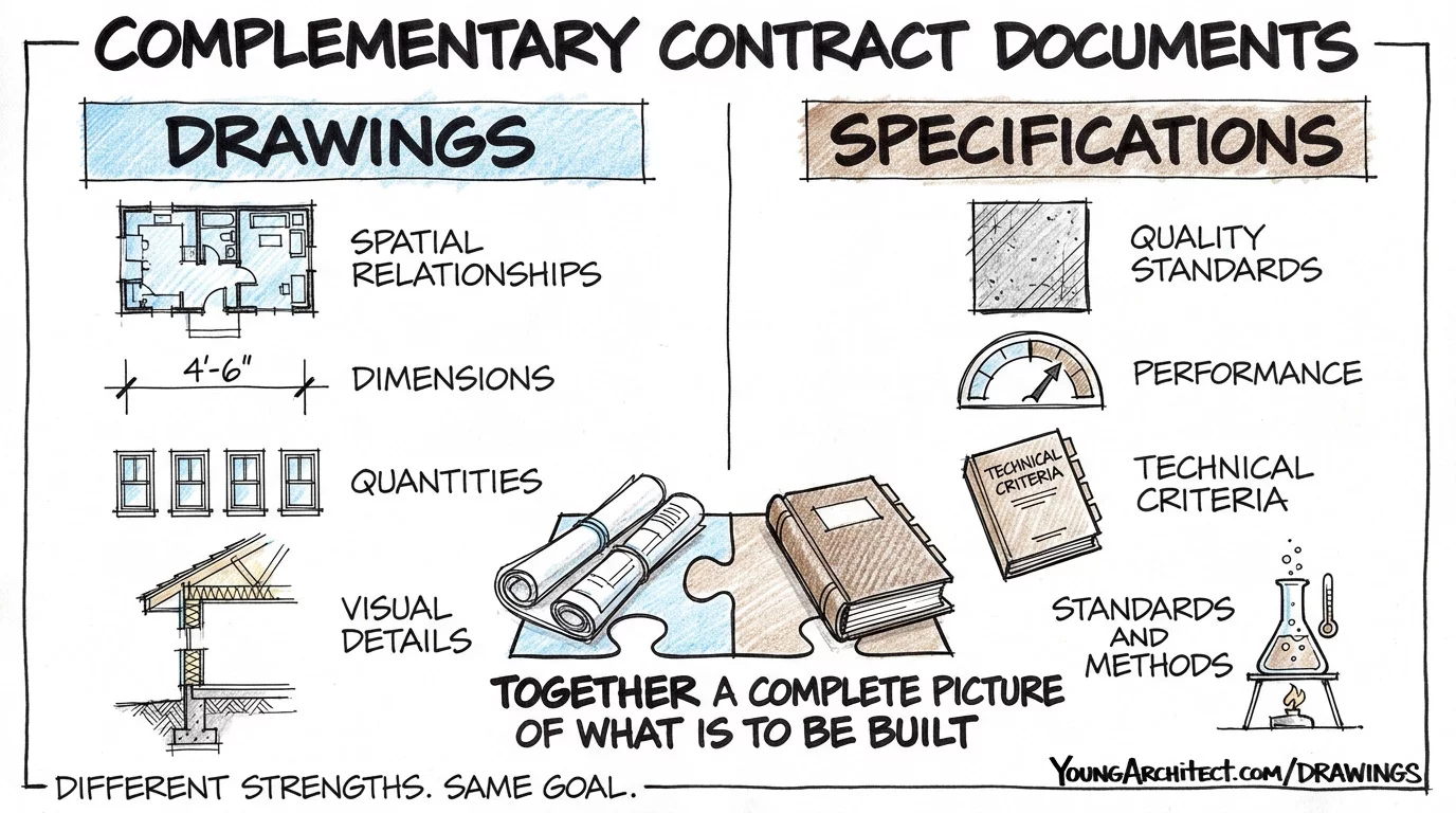 Drawings and construction specifications shown as puzzle pieces with different strengths merging into one complete picture