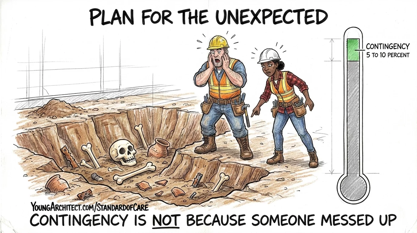 Contractors discover buried remains at a construction site next to a budget bar showing 5 to 10 percent contingency