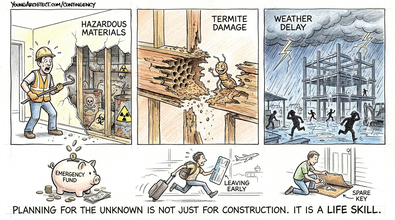 Three construction risks including hazardous materials termite damage and weather delays with everyday parallels below