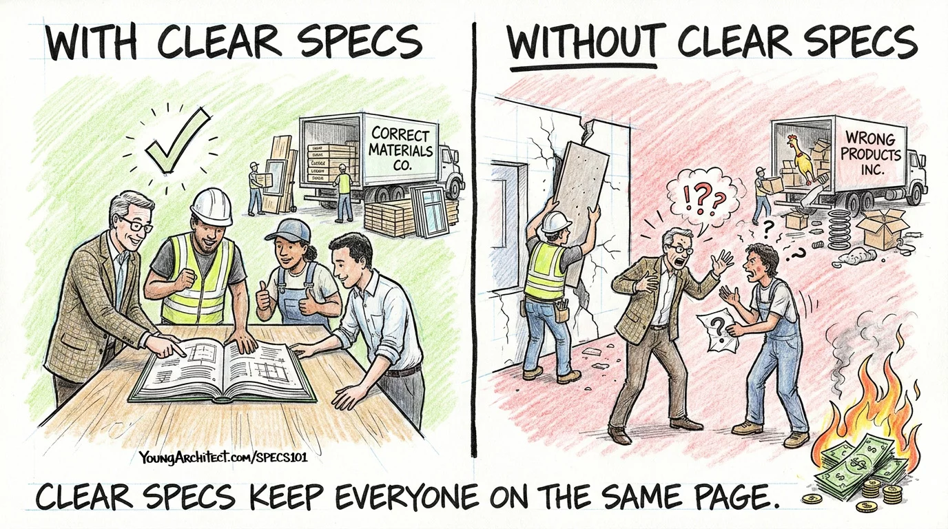 Split scene comparing clear construction specs keeping everyone aligned versus confusion and burning money