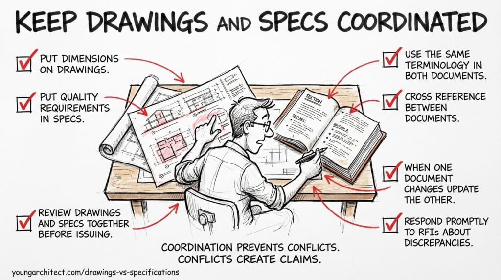 Hand-drawn best practices checklist for coordinating construction drawings and specifications as contract documents to prevent document coordination conflicts and construction claims.