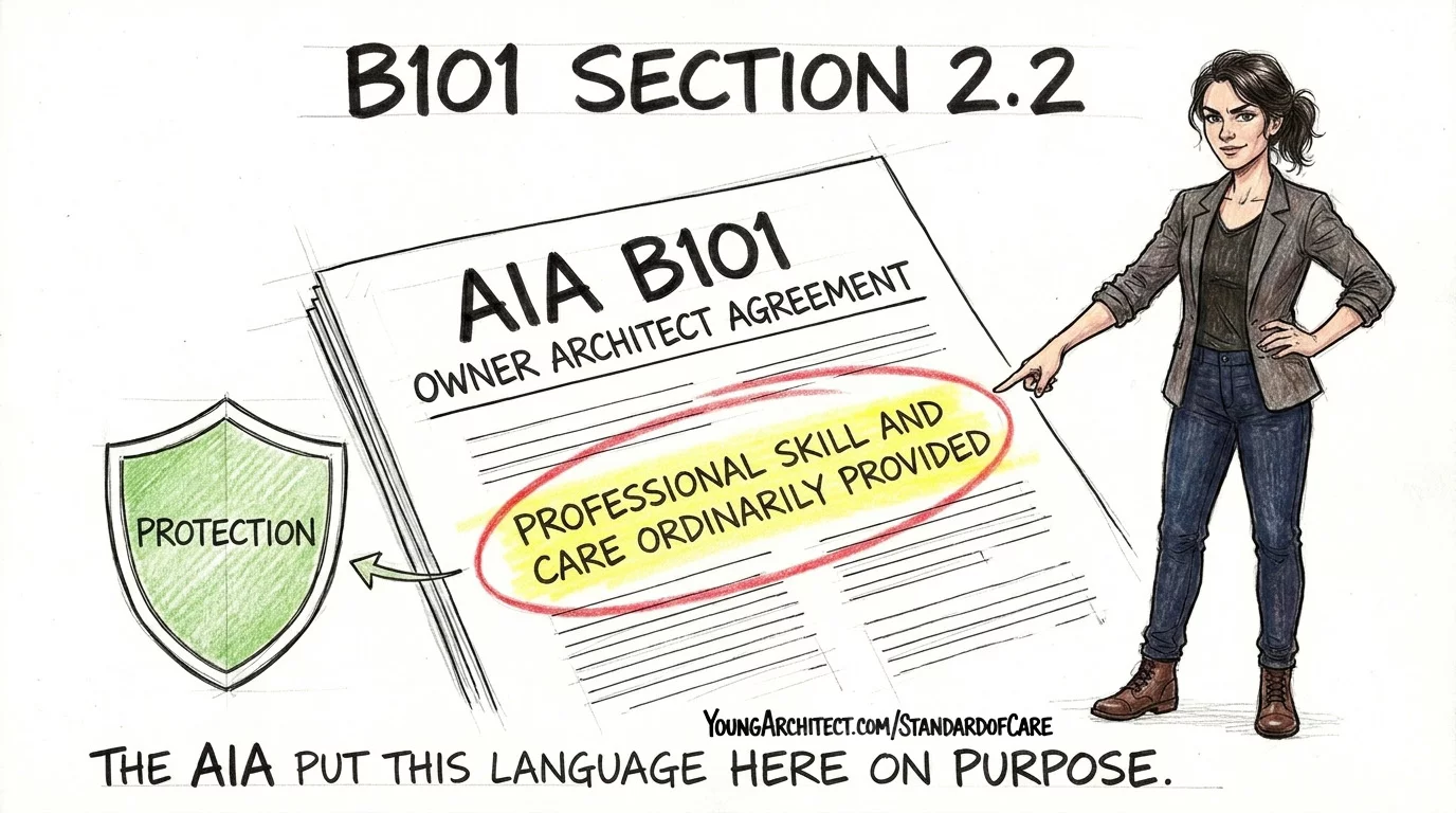 Architect points to AIA B101 Section 2.2 contract language with a protection shield showing standard of care purpose
