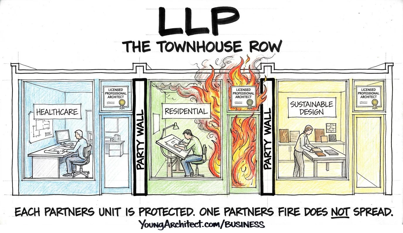LLP shown as townhouses with party walls where one partner's fire stays contained while other partners stay protected
