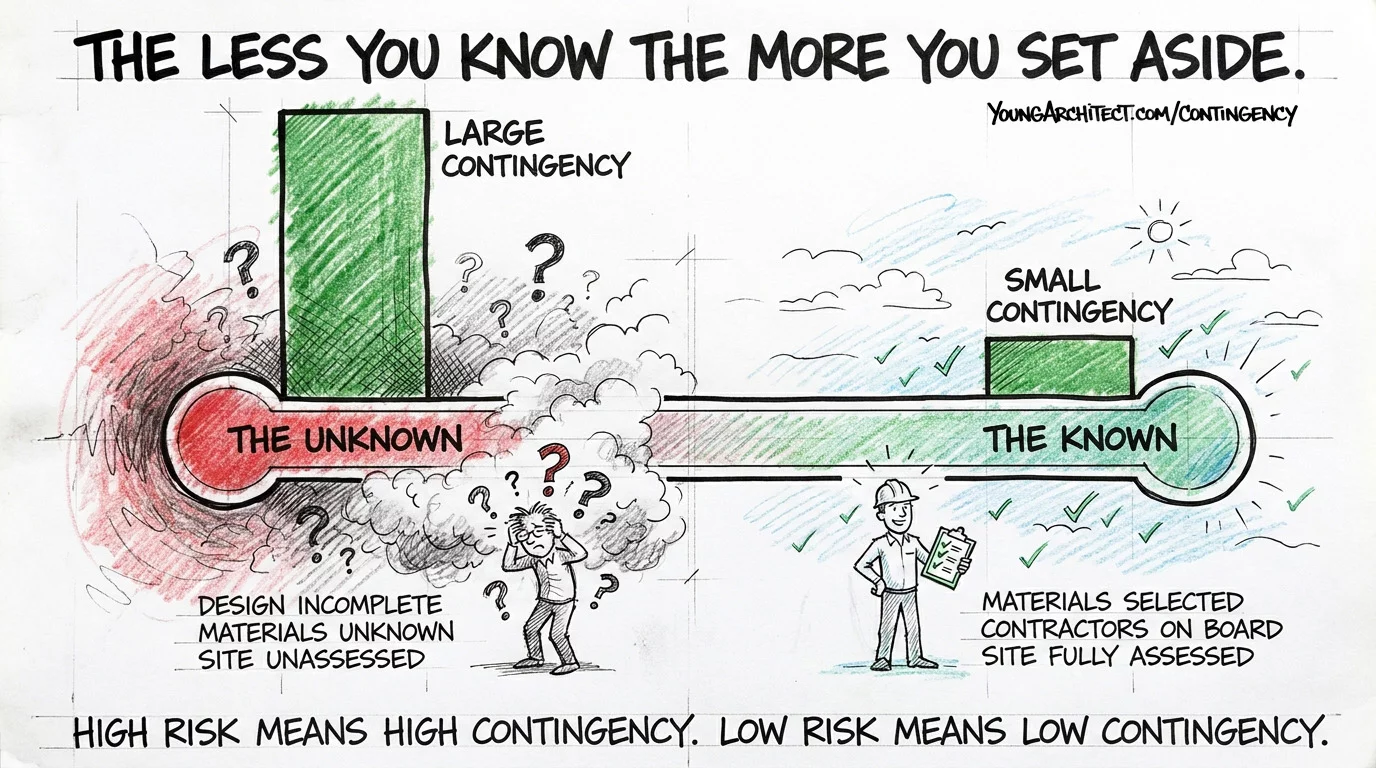 Sliding scale showing large contingency needed when risks are unknown and small contingency when project details are known