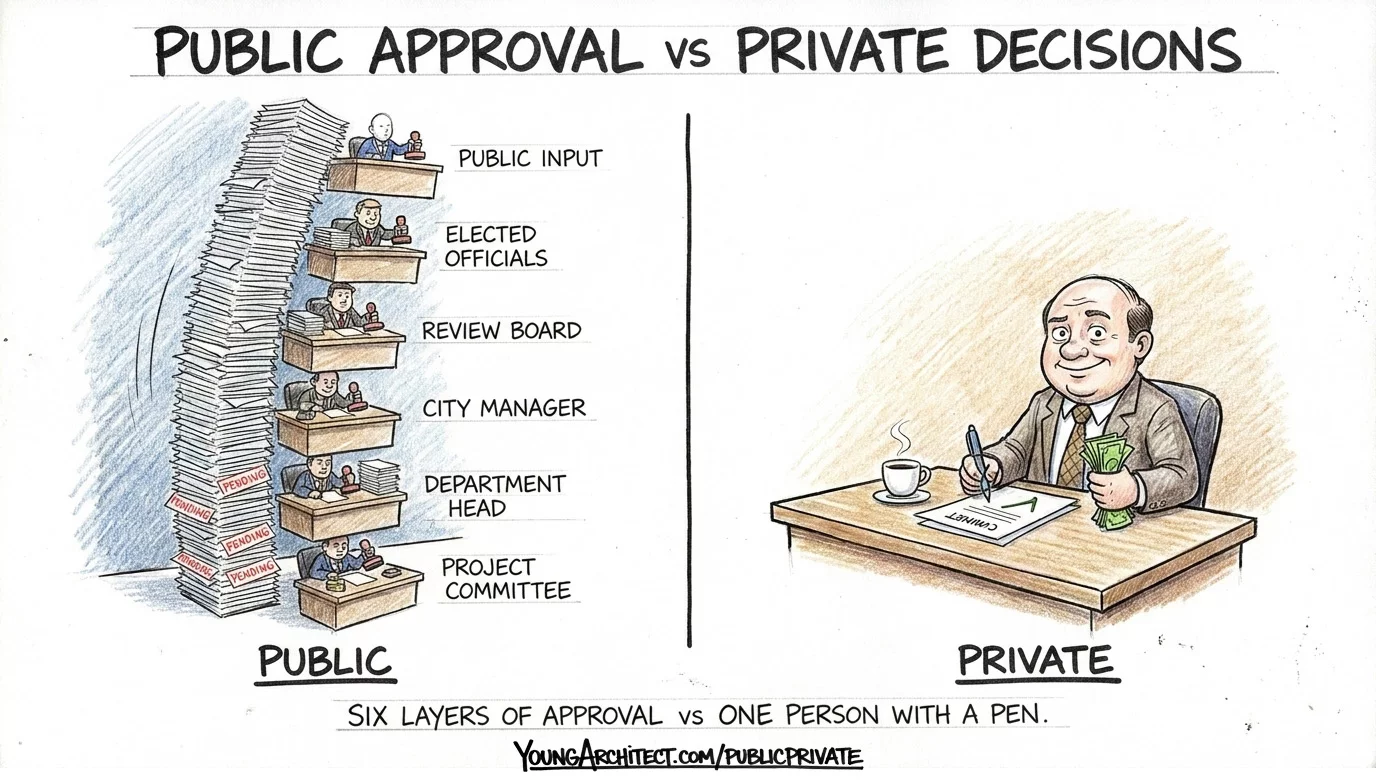 Six layers of public approval stacked from committee to elected officials vs one private owner with a pen