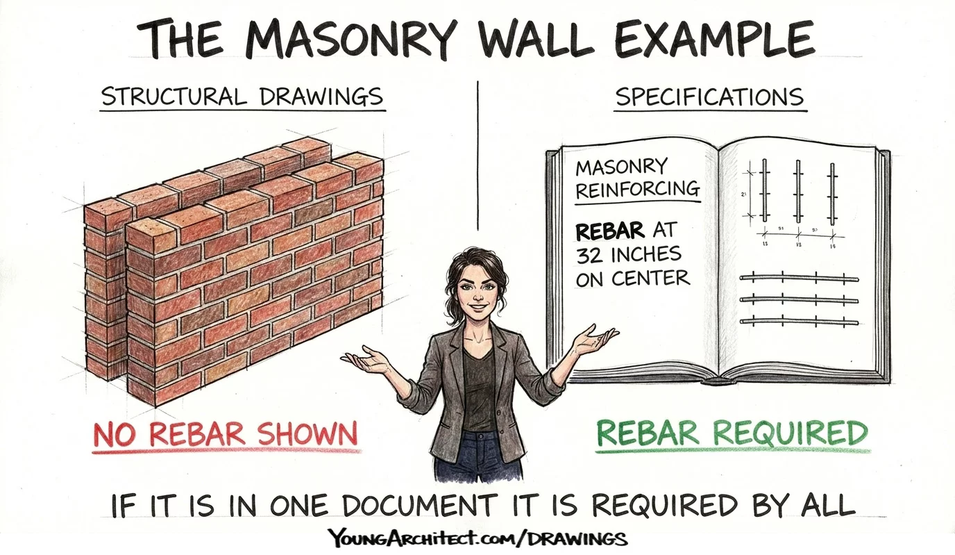 Architect presents a masonry wall with no rebar on drawings beside specifications requiring rebar at 32 inches on center