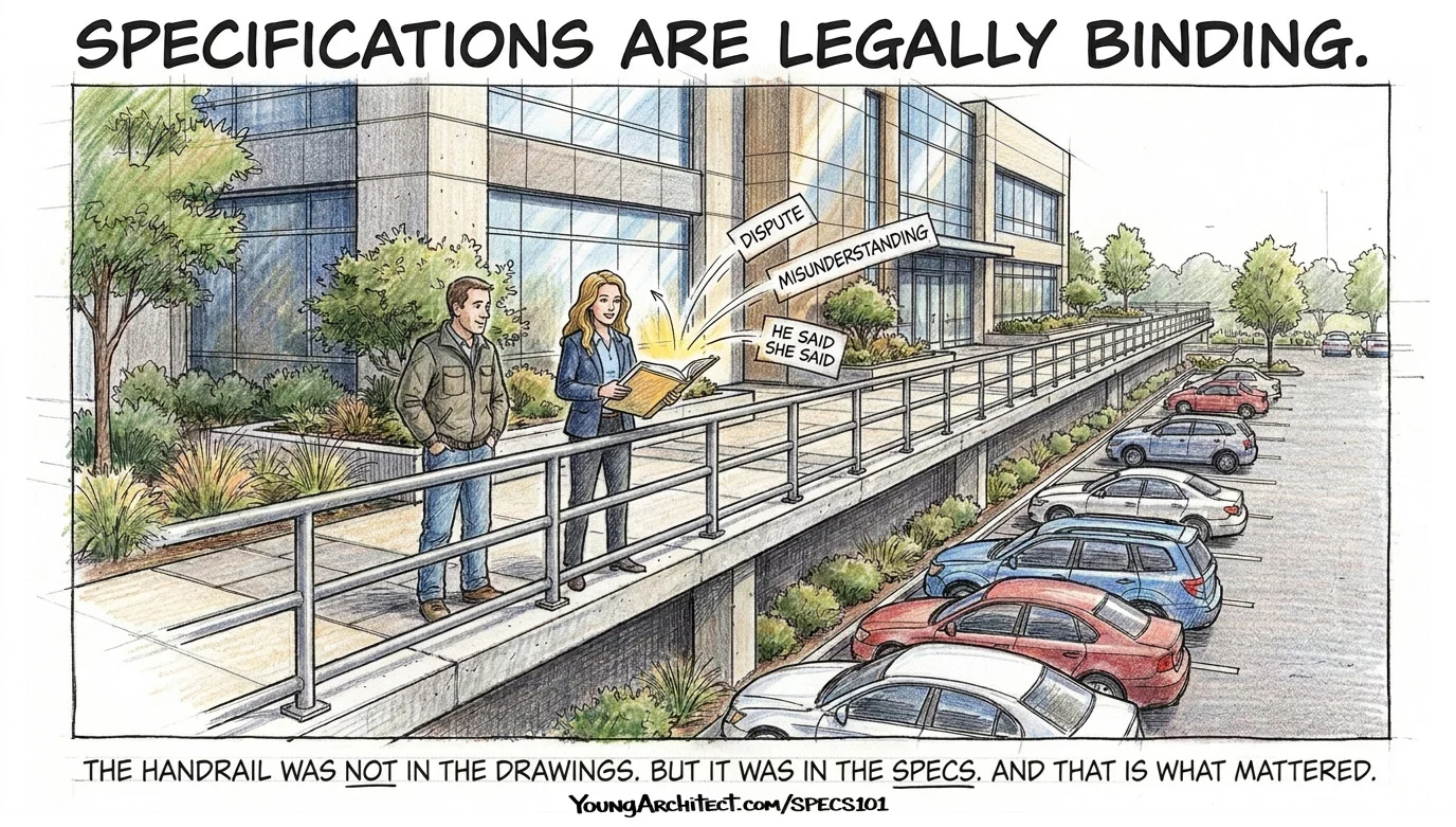 Architect and contractor stand by the installed handrail as construction specifications deflect disputes