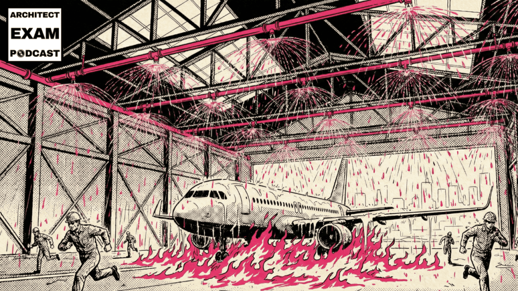 Deluge fire sprinkler system flooding an aircraft hangar as all heads discharge at once while workers run from flames surrounding a plane