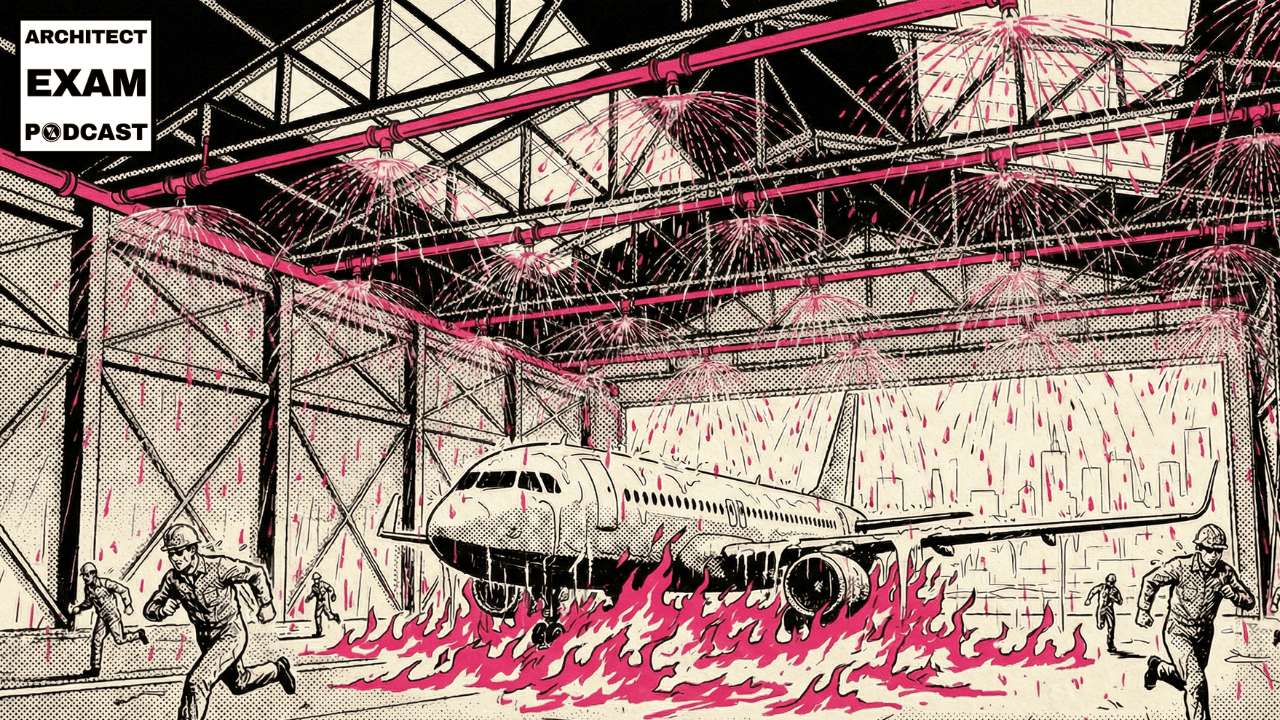 Deluge fire sprinkler system flooding an aircraft hangar as all heads discharge at once while workers run from flames surrounding a plane