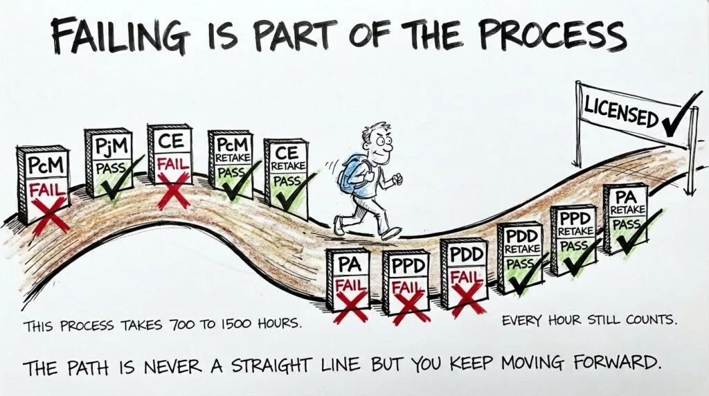 Sketch of an ARE exam journey showing a candidate passing and failing multiple divisions with retakes, illustrating that the path to architect licensure takes 700 to 1500 hours. 