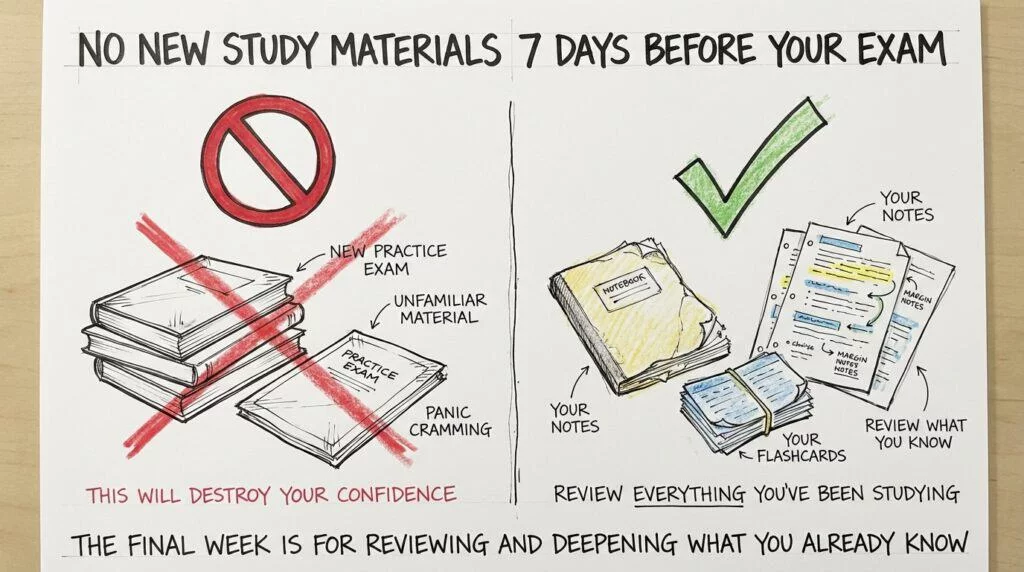 Sketch showing no new study materials in the 7 days before your ARE exam, with unfamiliar books crossed out and familiar notes and flashcards checked off for review. 