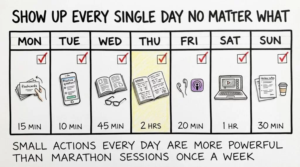 Sketch of a weekly ARE study schedule with different study activities each day from 10 minutes to 2 hours, showing that a consistent daily study routine beats marathon sessions. 