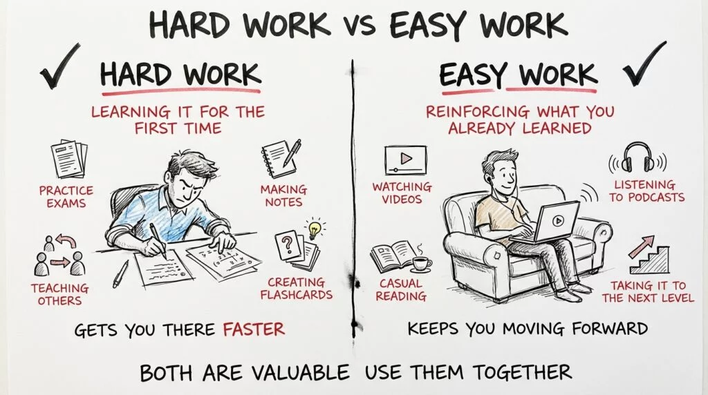 Sketch comparing hard work studying like practice exams and making notes to easy work studying like watching videos and podcasts, showing both are valuable ARE study tips. 