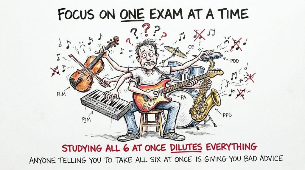 Sketch of a person trying to play six instruments at once labeled with ARE divisions, illustrating that studying all six architect exams simultaneously dilutes everything. 