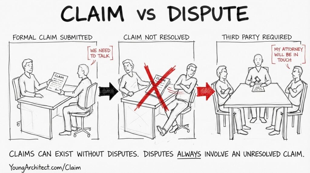 Hand-drawn sketch showing how construction claims escalate into construction disputes when a formal claim goes unresolved and requires third-party intervention. 