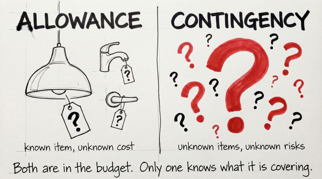 Sketch comparing contingency vs allowance in construction. Allowance covers known items with unknown costs while a contingency budget covers unknown risks.