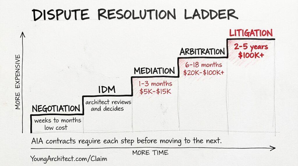 Hand-drawn staircase showing the construction dispute resolution process from negotiation through construction mediation, construction arbitration, and litigation with time and cost increasing at each step. 