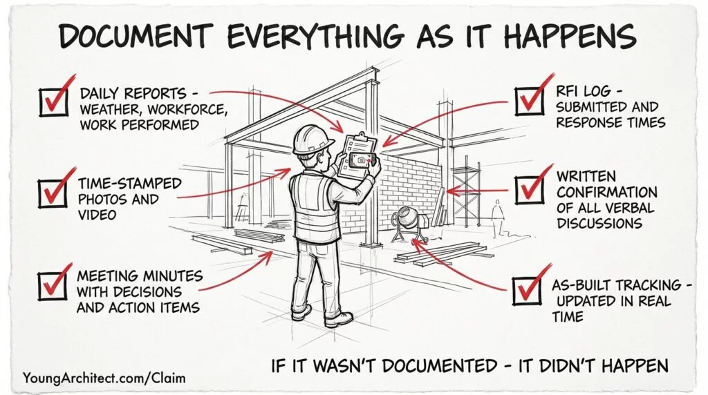 Hand-drawn jobsite sketch showing documentation practices that prevent construction claims and disputes, including RFI logs, daily reports, and written confirmation of verbal discussions. 