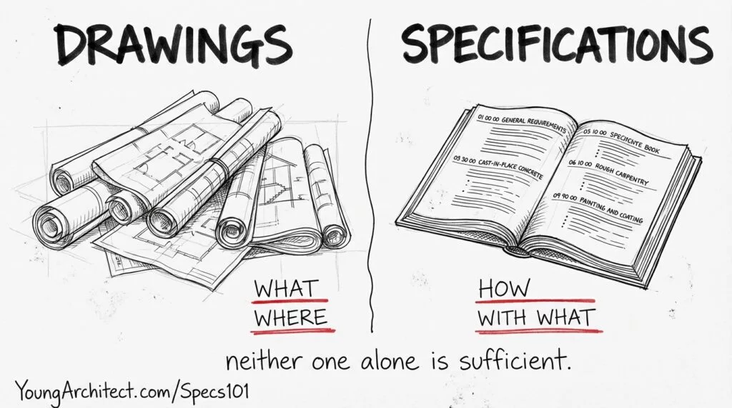 Hand-drawn sketch comparing drawings and construction specifications - drawings show what and where, architectural specifications explain how and with what. 