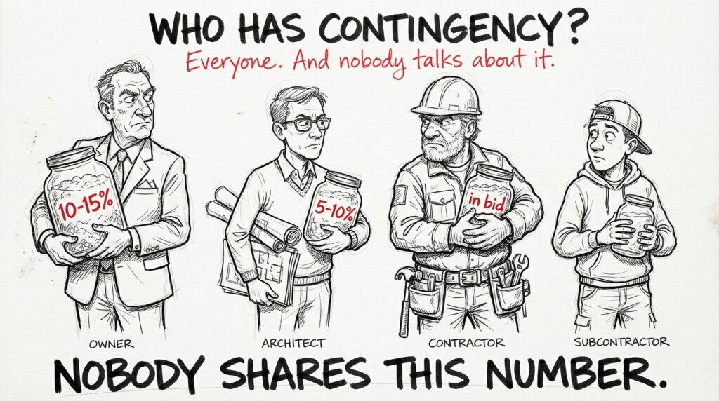 Sketch showing owner contingency, architect contingency, contractor contingency, and subcontractor contingency. Each holds a different percentage. Nobody shares this number.