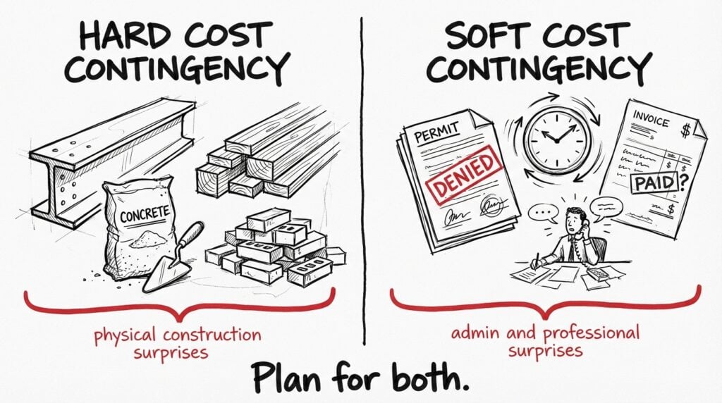 Sketch comparing hard cost contingency for physical construction surprises vs soft cost contingency for administrative and professional surprises.