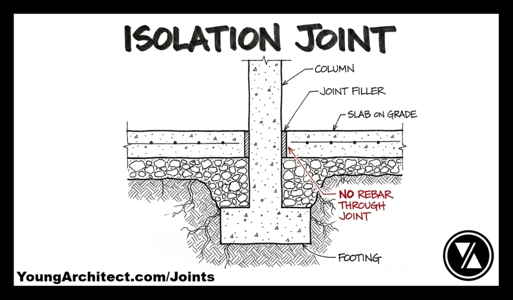 Isolation joint detail separating slab from column with joint filler and no rebar crossing the joint.