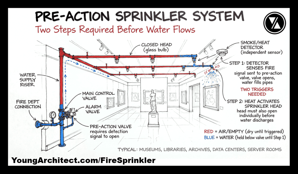 Pre-action sprinkler system diagram showing the two-step trigger process in a museum with labeled valves, pipes, and detection components