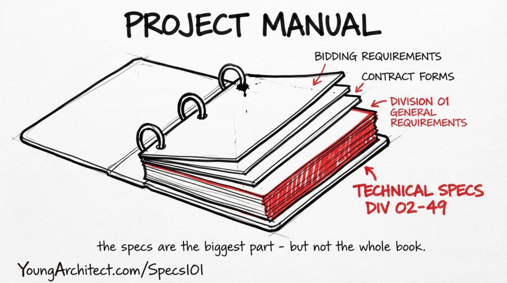 Hand-drawn diagram breaking down the project manual structure for construction specifications, from bidding requirements through technical spec sections.
