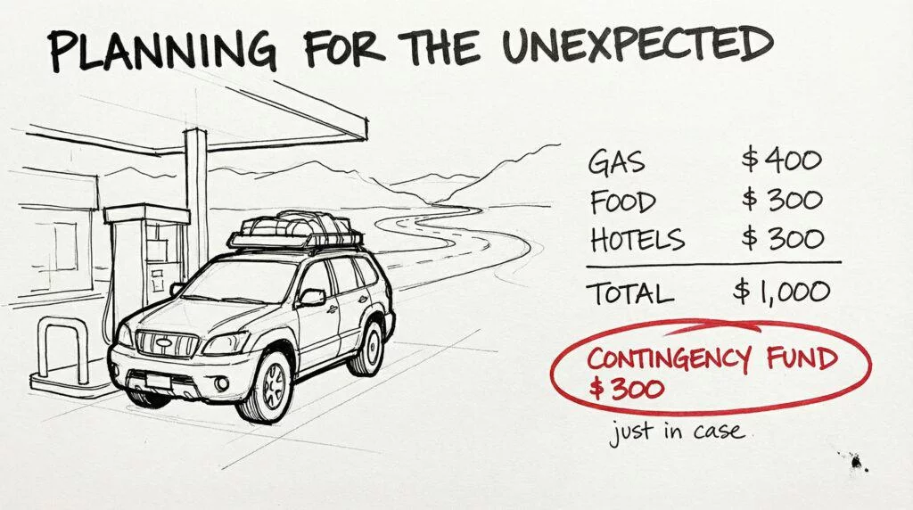Sketch of a road trip contingency budget with $300 set aside for unforeseen conditions, illustrating what contingency means in construction.