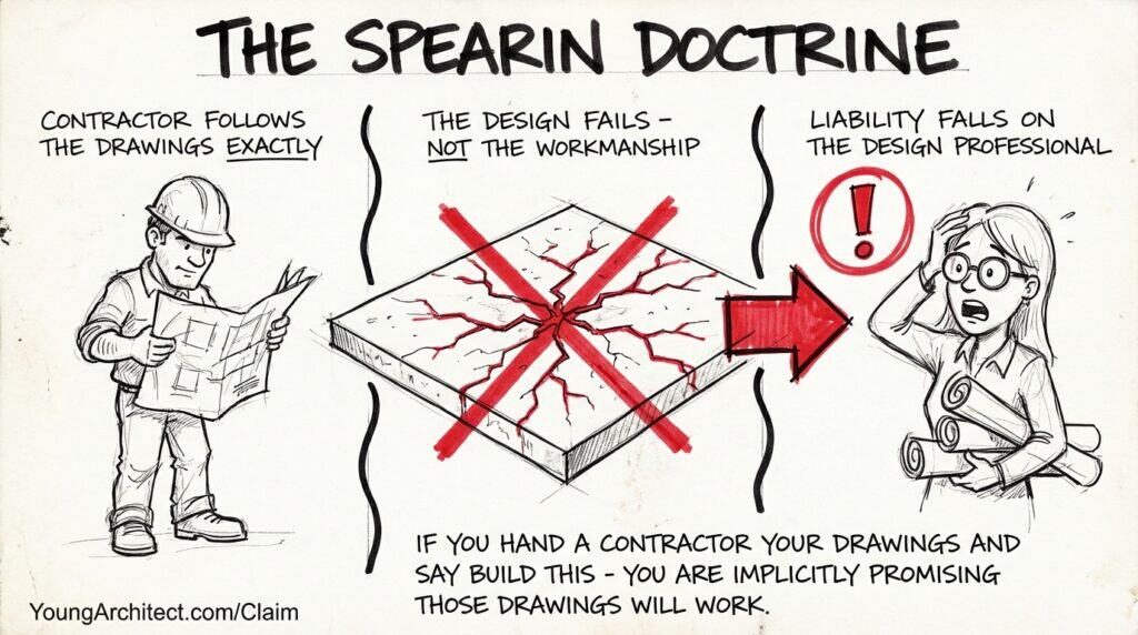 Hand-drawn three-panel sketch explaining the Spearin doctrine, showing how contractor following design documents exactly shifts liability to the design professional when construction claims arise from design errors. 