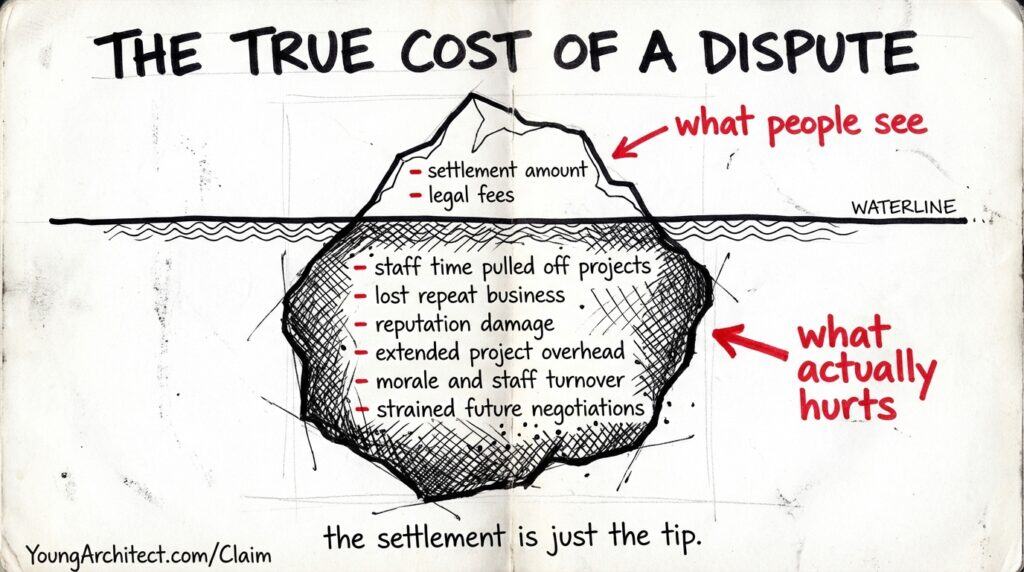 Hand-drawn iceberg showing the true cost of construction disputes, with settlement amounts visible above the waterline and hidden costs like reputation damage and lost business below.