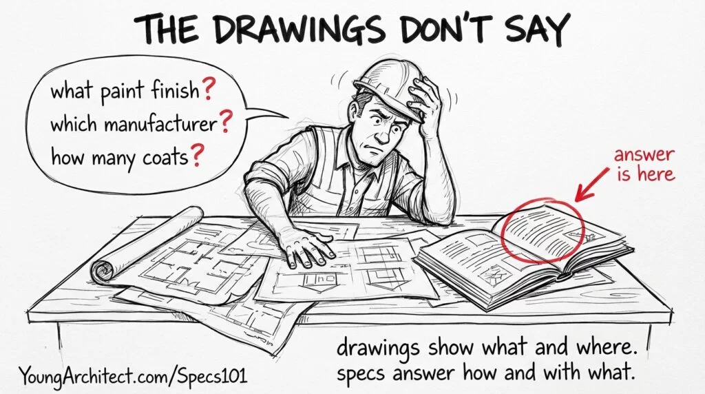 Hand-drawn sketch showing a contractor whose drawings can't answer basic spec writing questions, and how construction specifications fill the gap.