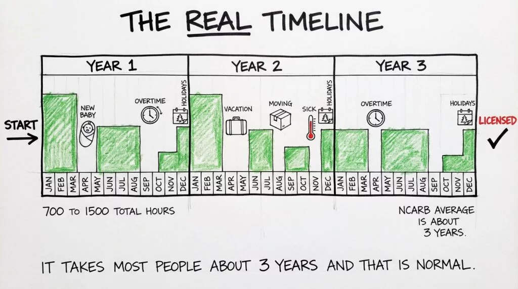 Sketch of a 3 year calendar showing how many hours it takes to pass the ARE, with life events like vacations, overtime, and holidays interrupting study blocks along the way. 
