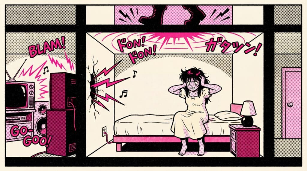 Comic-style scene of a frustrated woman covering her ears in bed while poor acoustics let neighbor noise blast through walls and ceiling
