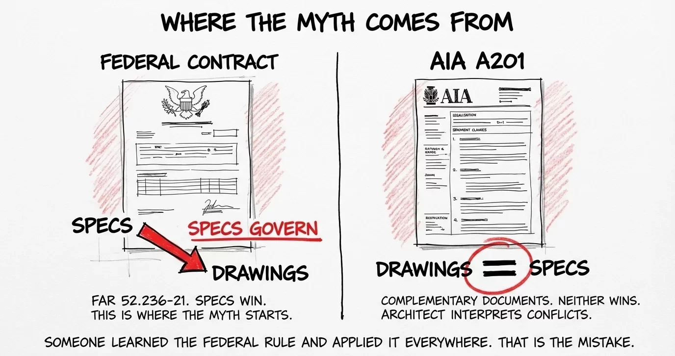 Federal FAR contract showing specs govern over drawings compared to AIA A201 treating them as complementary equals